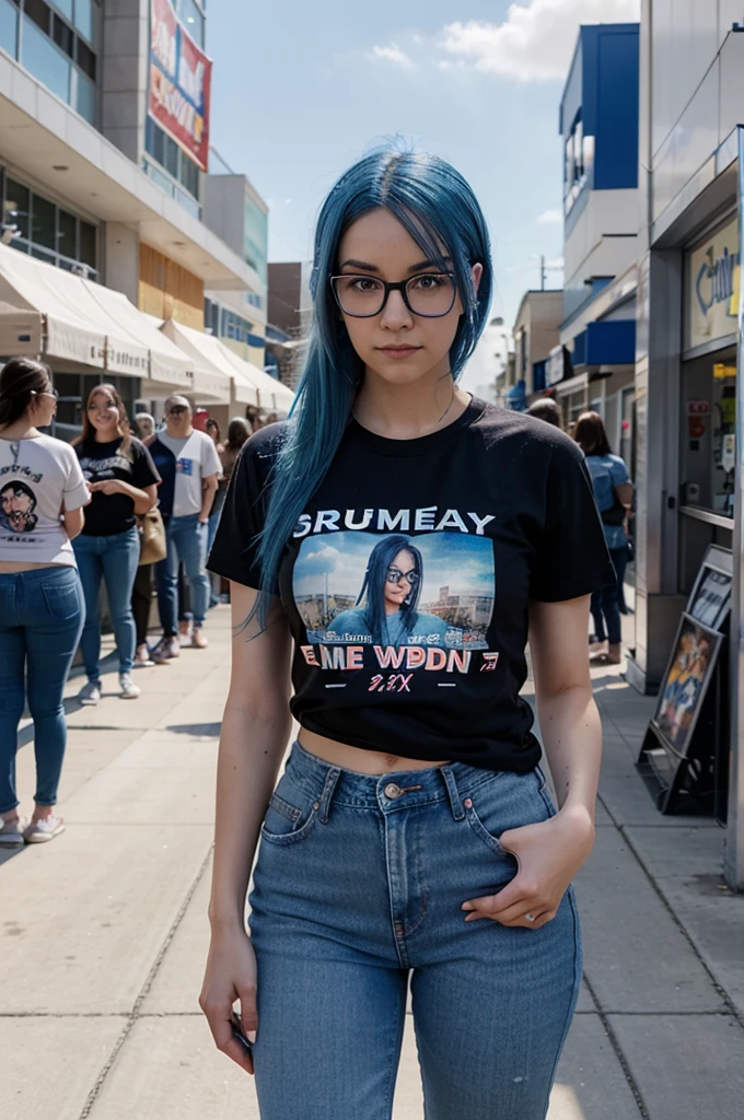 A full-body image of a slim woman with glasses, dyed blue hair, and a sense of anticipation. She is wearing a themed t-shirt and jeans, standing in line at a game release event. She holds a game box, with excited fans and promotional banners in the background.