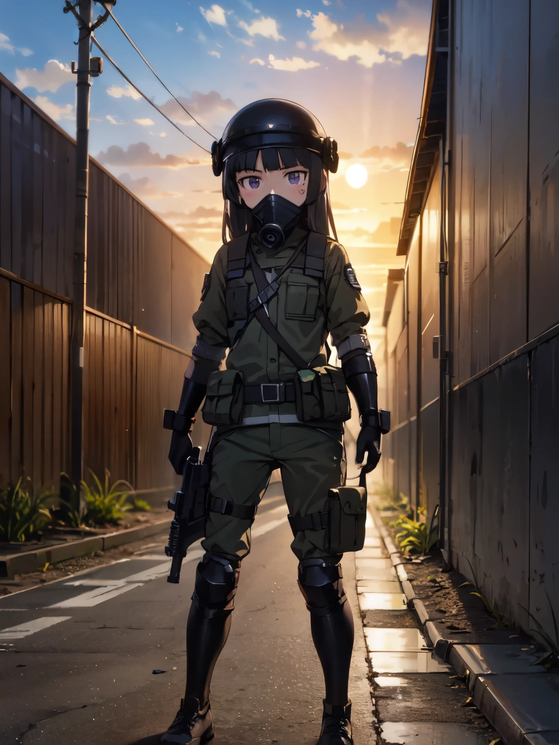 ruri gokou, (Ultra-high resolution), (masterpiece), (Attention to detail), (high quality), (最high quality) , 1 girl, alone, Hime cut, Long Hair, ((Sniper)), Full Body Armor, Bullet Protector, Sniper scope, battlefield, gas mask, Prone shooting position, Desert Camouflage, Tactical Pouch, silencer, Instant Reflexes, Heights, sunset, Tension, combat helmet, Rifle Stock, Bullet belt, Battleground, Nighttime Operations, moonlight