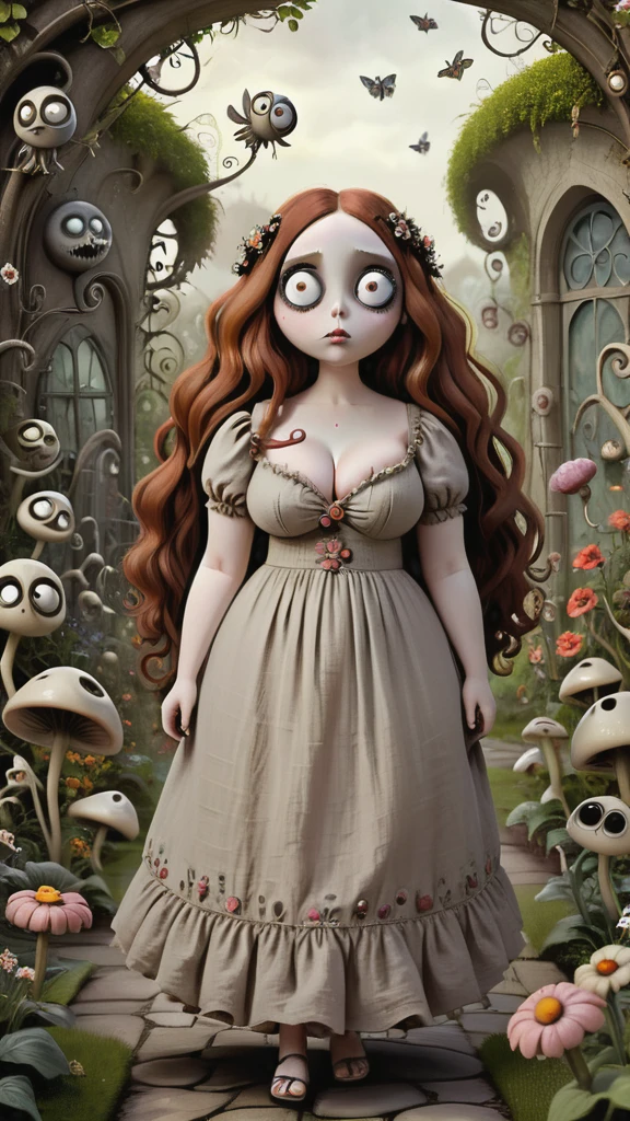 Young beautiful Chubby woman walking through Tim Burton-inspired garden. Garden is full of flowers and peculiar creatures with big eyes and Burtonesque charm. Girl is voluptuous, huge breasts, auburn long wavy hair, deep cleavage, (wearing linen flowery dress), The garden is a blend of anime aesthetics and Burtonesque surrealism, (hand drawn with pencil:1.2), (tim burton style:1.27), curvy body, ultra detailed, intricate, dynamic poses, natural light, fantasy art, big eyes, mysterious