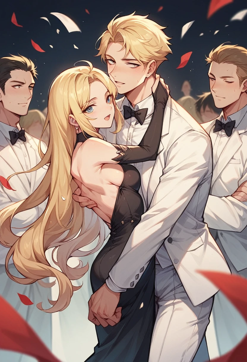 Man in a white suit looks into the distance at a beautiful blonde, long hair, ponytail, sexy black dress, IN A PARTY, Many people