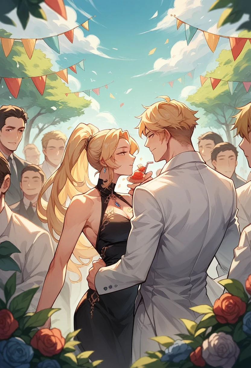 Man in a white suit looks into the distance at a beautiful blonde, long hair, ponytail, sexy black dress, IN A PARTY, Many people