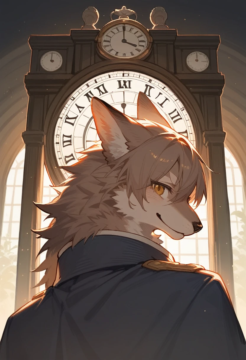 cover page, highres, top quality, best quality, paid reward available, unparalleled masterpiece, perfect artwork, absurdres, High-quality illustrations, super high resolution, detailed background, perfect ???????(1girl, kemono, furry anthro, fearless smile, reach for the clock) in room with clock, fantasy artwork, cinematic lighting, Backlight,