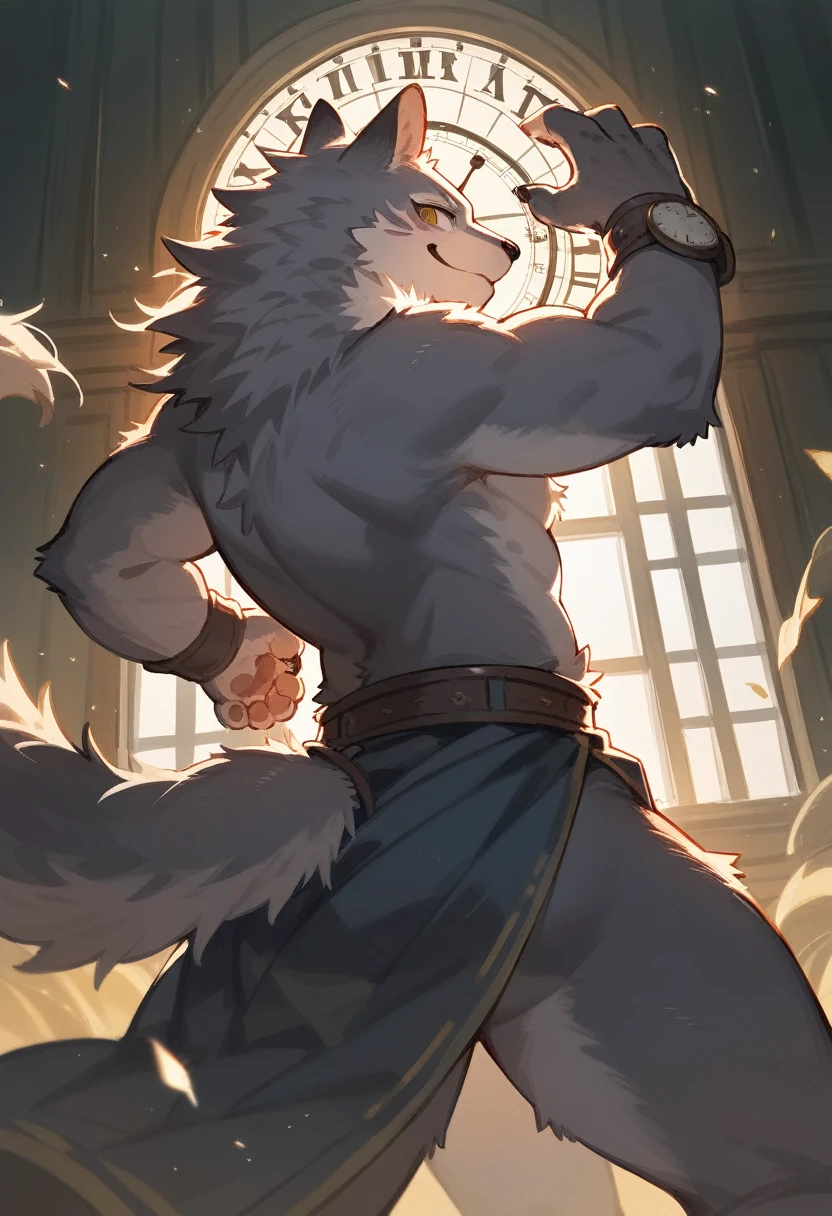 cover page, highres, top quality, best quality, paid reward available, unparalleled masterpiece, perfect artwork, absurdres, High-quality illustrations, super high resolution, detailed background, perfect (1girl, kemono, furry anthro, fearless smile, reach for the clock) in room with clock, fantasy artwork, cinematic lighting, Backlight,