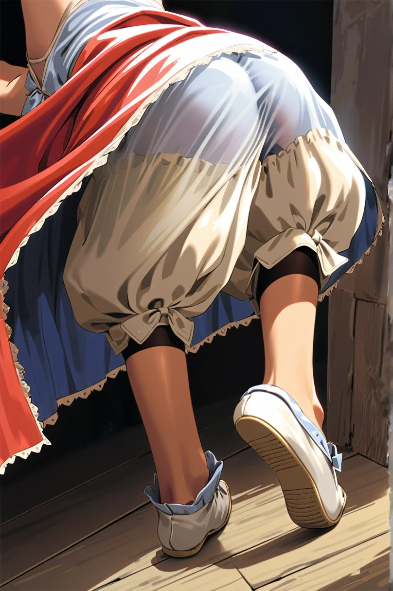 10 year old girl underwear, Realistic bloomers made from patterned cotton fabric, Medieval one-piece dress with panniers, Fabric Realism, Low - Angle, I see bloomers, Pull up the dress by hand, Strong winds, Translucent slip, Translucent slip, tights, Highest quality, Crotch close-up, whole body
