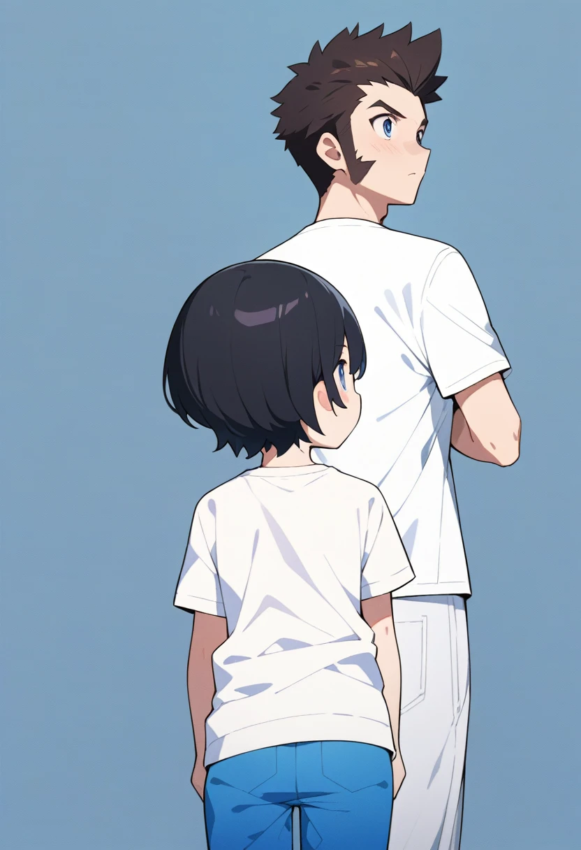 masterpiece, best quality, very aesthetic, absurdres, flat anime, 2D, anime taste, anime paint, (2d illustration:1.2), ((chibi)), deformation,
((1boy)),black hair, (short hair:1.5),blue eyes, height 1.7meters, (circle eyes:1.2), (young adult:1.2), Ear-length sideburns,
short sleeves White T-shirt, barefoot, ((long pants)),
stunned,
((from behind)), upper body, looking away, looking at another,
simple background