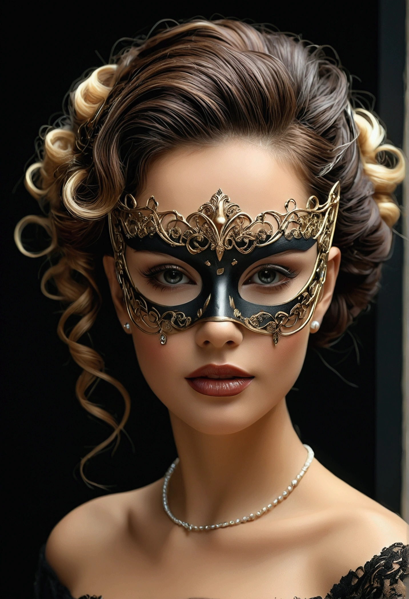 A beautiful woman with mask, two pure diabetics, densely durable, necklace and stylishly jewelry, (the best quality, 4K, 8k, highlights, masterpiece: 1.2), very detailed, (realistic, realistic, realistic pictures: 1.37), 1 girl, beautiful detailed eyes, beautiful, free, fluorides, black felt, hair flexible, high quality, hairdressers, dark hair, dark, lighting, lighting, high quality film, highlighting, high-end filming, style of sound, style of vogue, dark colors, mask colors, gums, rich colors,