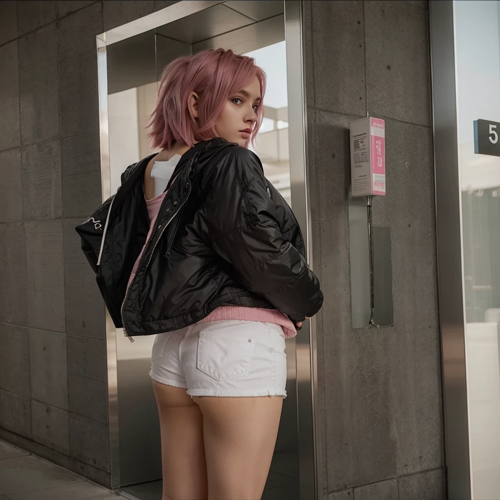 girl, 21 years old, short shoulder-length hair, pink hair color, ??????????? shorts, jacket