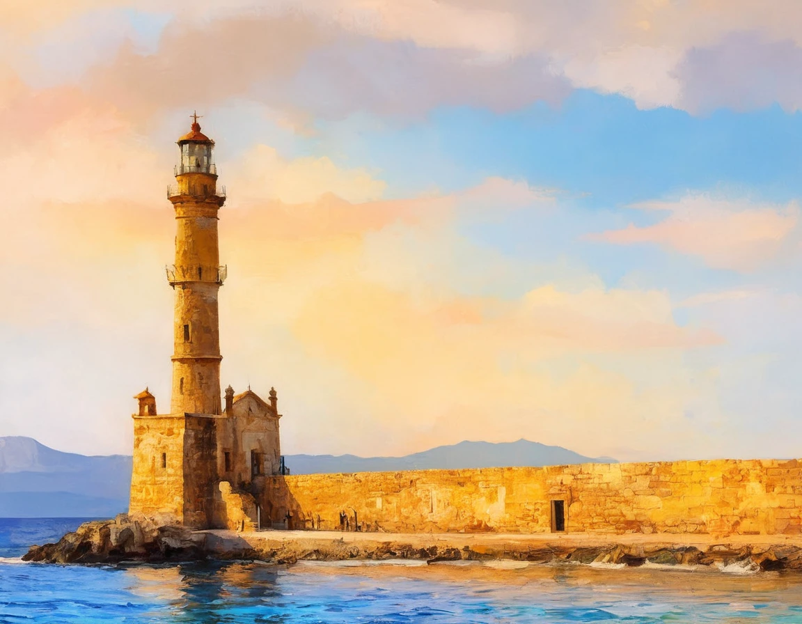 a thick textured oil painting, impasto brushstrokes, dry brushing,revealing underlayers, breathtaking composition, Create an art deco inspired illustration of A scenic lighthouse Chania Lighthouse (Greece), overlooking the turquoise waters of sunset. Include vibrant pastel colors, sleek lines, and a retro summer atmosphere. The style should be reminiscent of vintage travel posters with a modern twist,  breathtaking composition, wall art decor, Chania Lighthouse (Greece), Chania Lighthouse (Greece)
