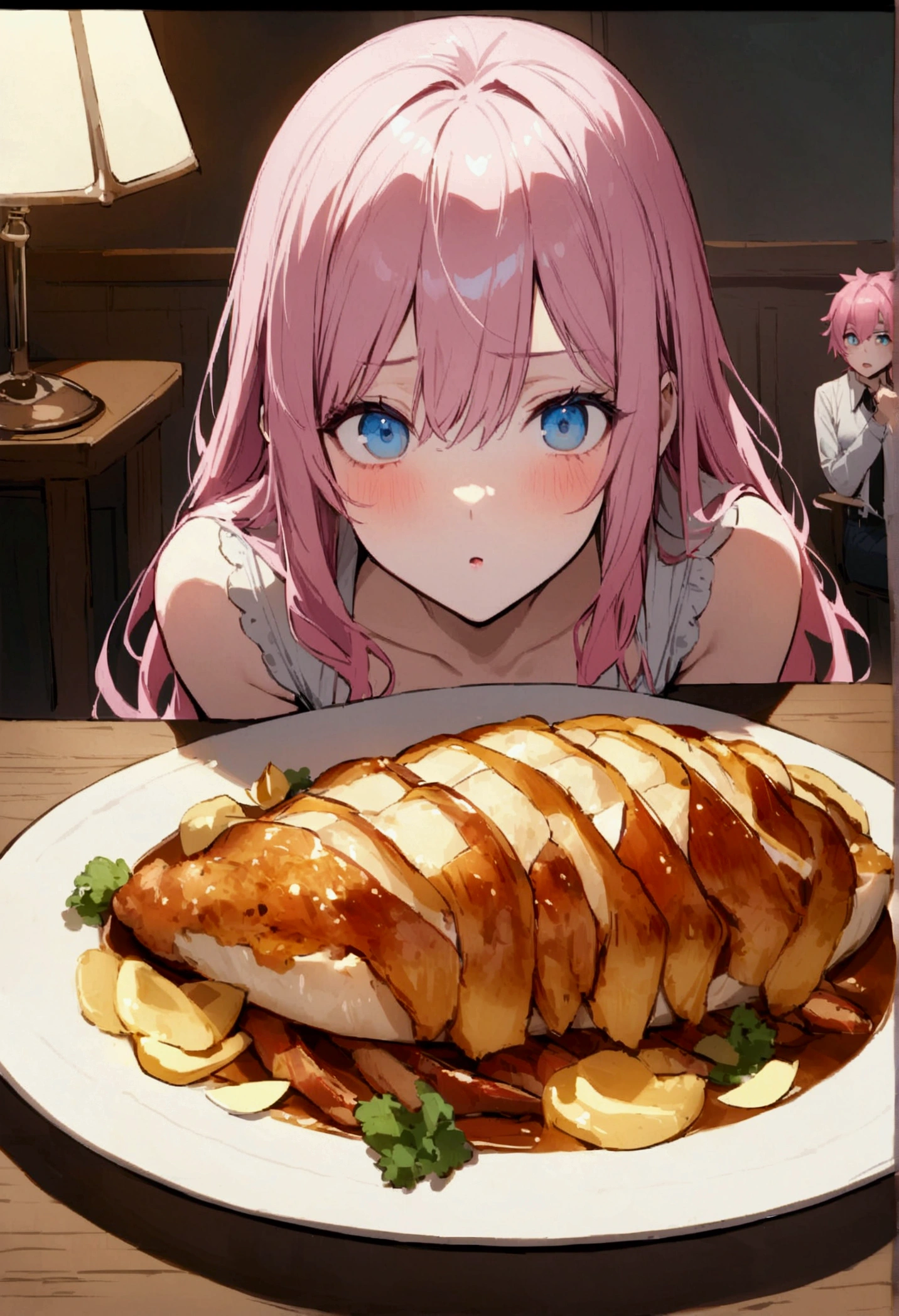 Interrogation、criminal、Katsudon on the table、Stand lamp、Pink haired woman、blue eyes