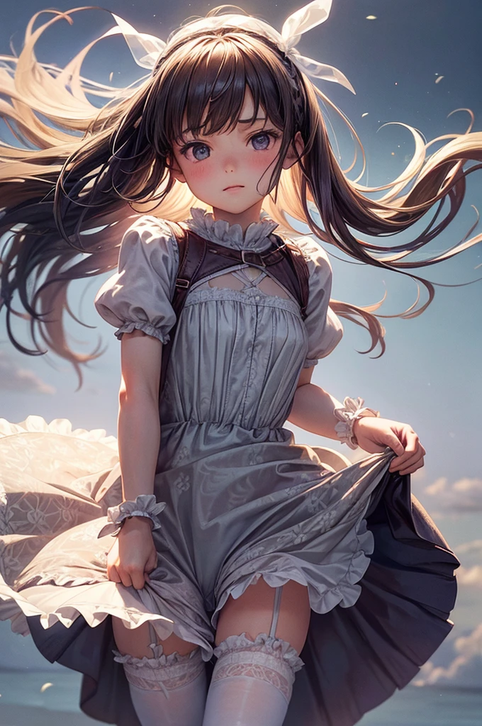 10 year old girl underwear, Realistic bloomers made from patterned cotton fabric, Medieval one-piece dress with panniers, Fabric Realism, Low - Angle, I see bloomers, Pull up the dress by hand, Strong winds, Translucent slip, Translucent slip, tights, Highest quality, Crotch close-up, whole body