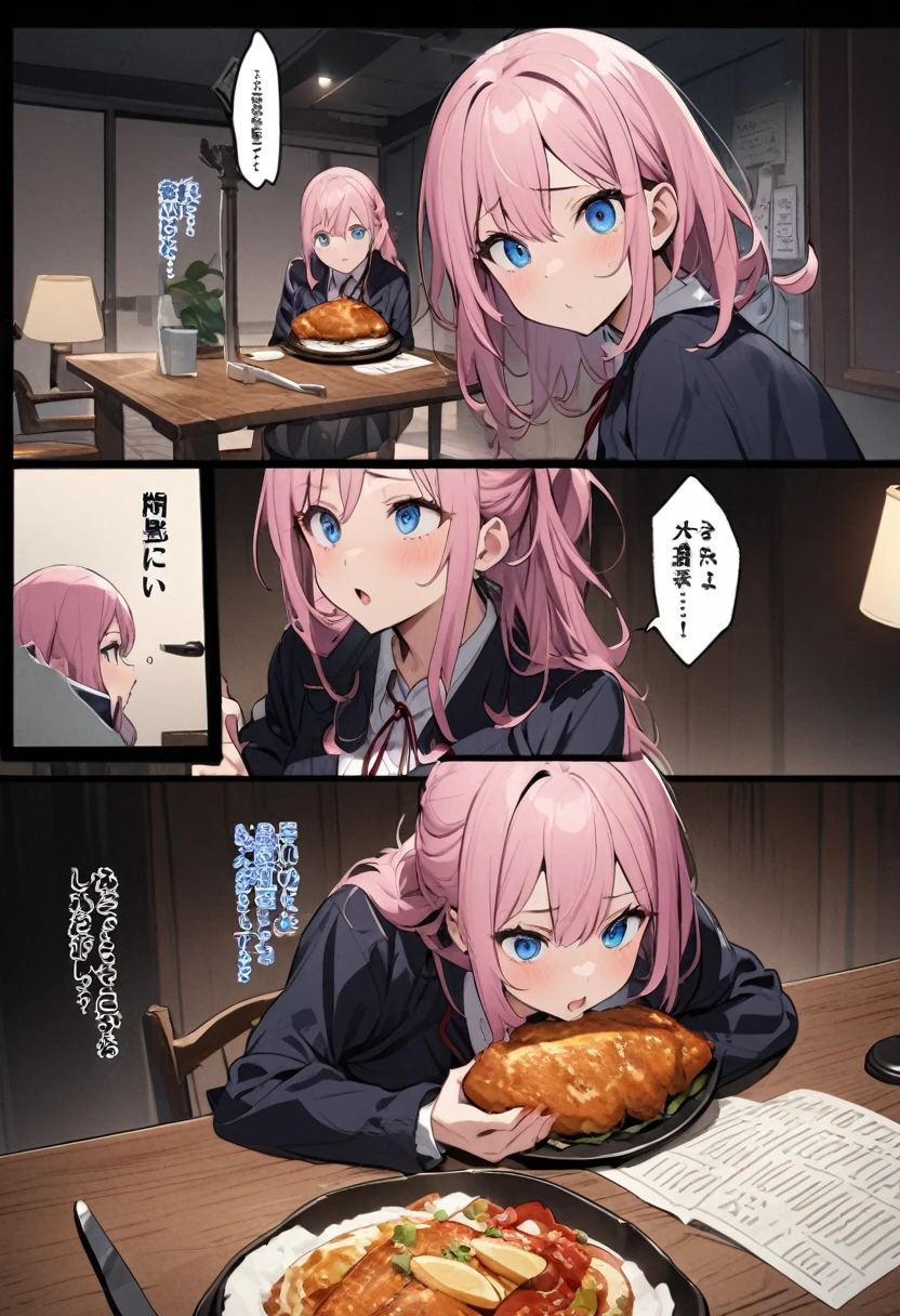Interrogation、criminal、Katsudon on the table、Stand lamp、Pink haired woman、blue eyes