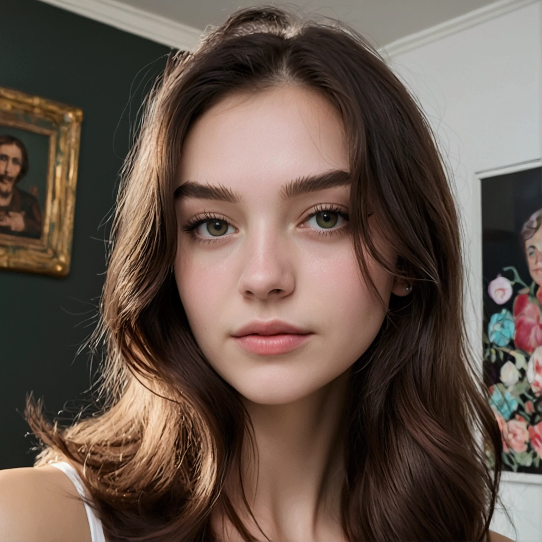 brown haired woman with long hair and black crop top posing for a picture, a picture by Emma Andijewska, tumblr, surrealism, 20 years old, a girl with brown hair, with long brown hair, she is about 20 years old, 20 years old, long brown hair and large eyes