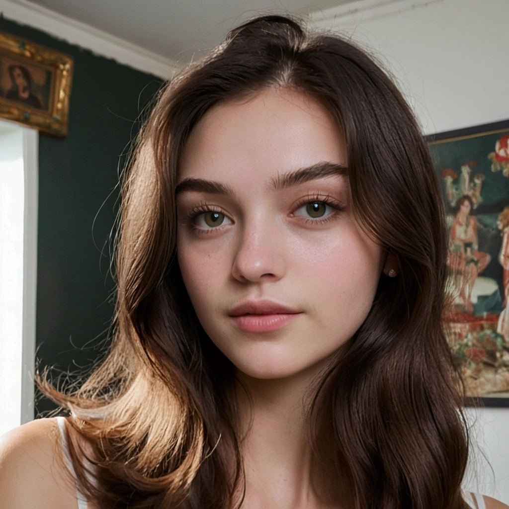 brown haired woman with long hair and black crop top posing for a picture, a picture by Emma Andijewska, tumblr, surrealism, 20 years old, a girl with brown hair, with long brown hair, she is about 20 years old, 20 years old, long brown hair and large eyes