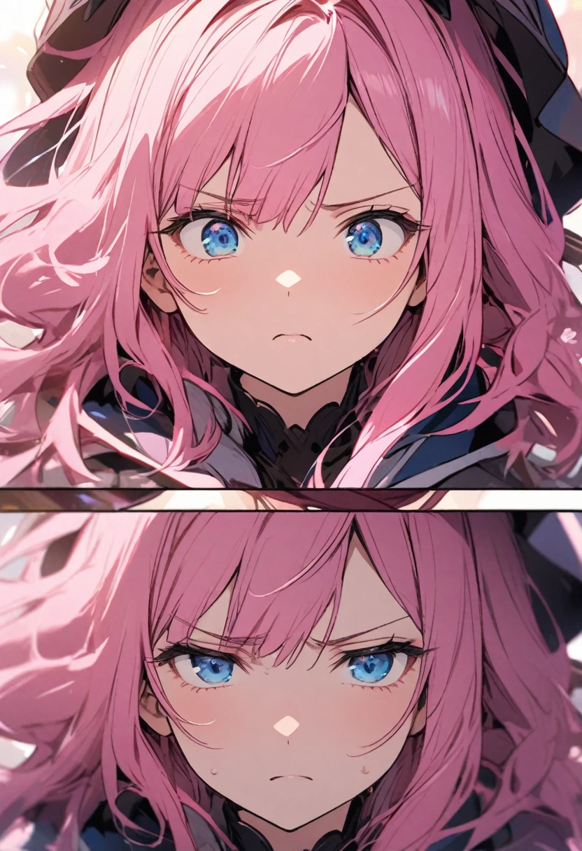 Close-up of face、Frowning、Pink haired woman、blue eyes