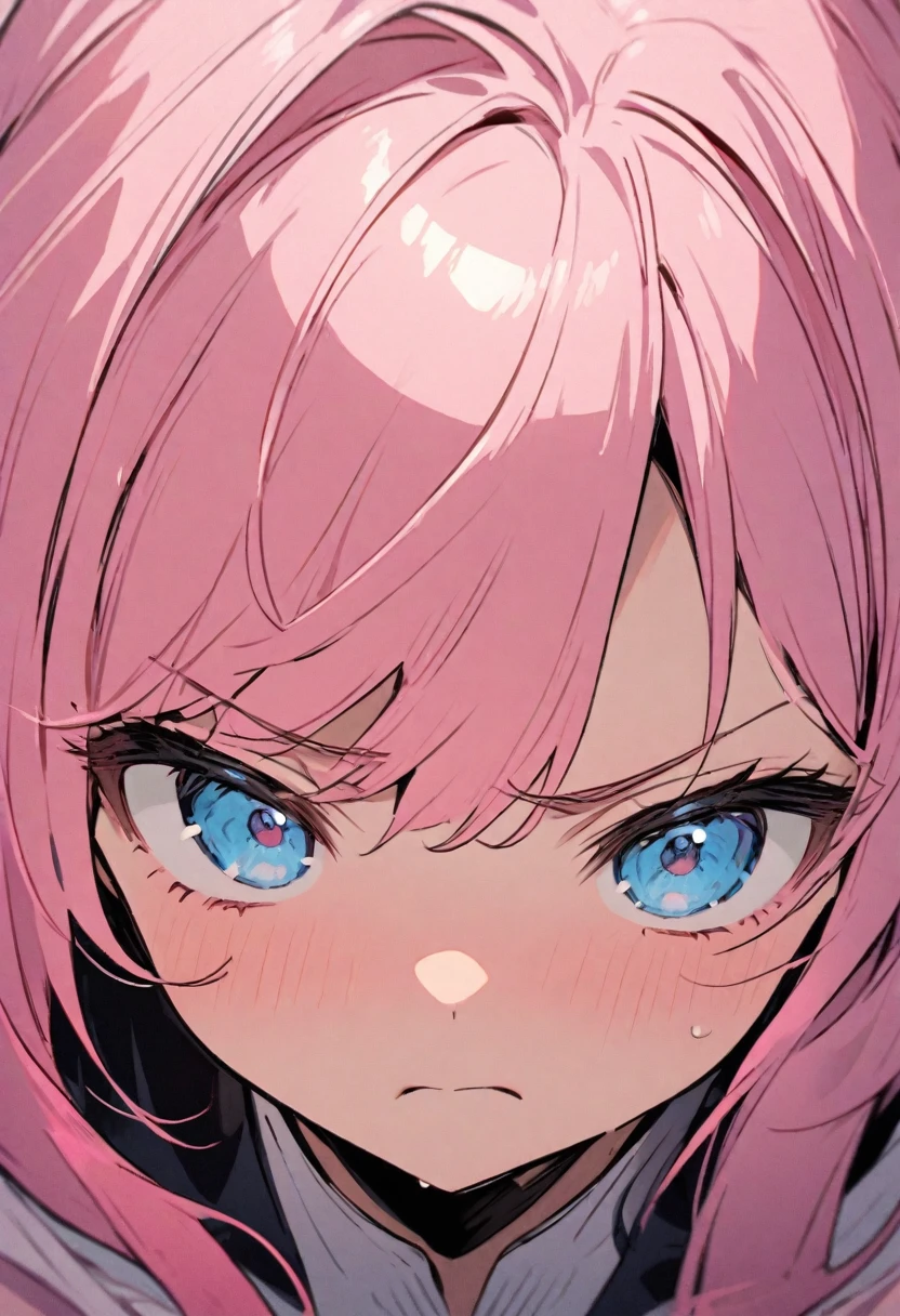 Close-up of face、Frowning、Pink haired woman、blue eyes