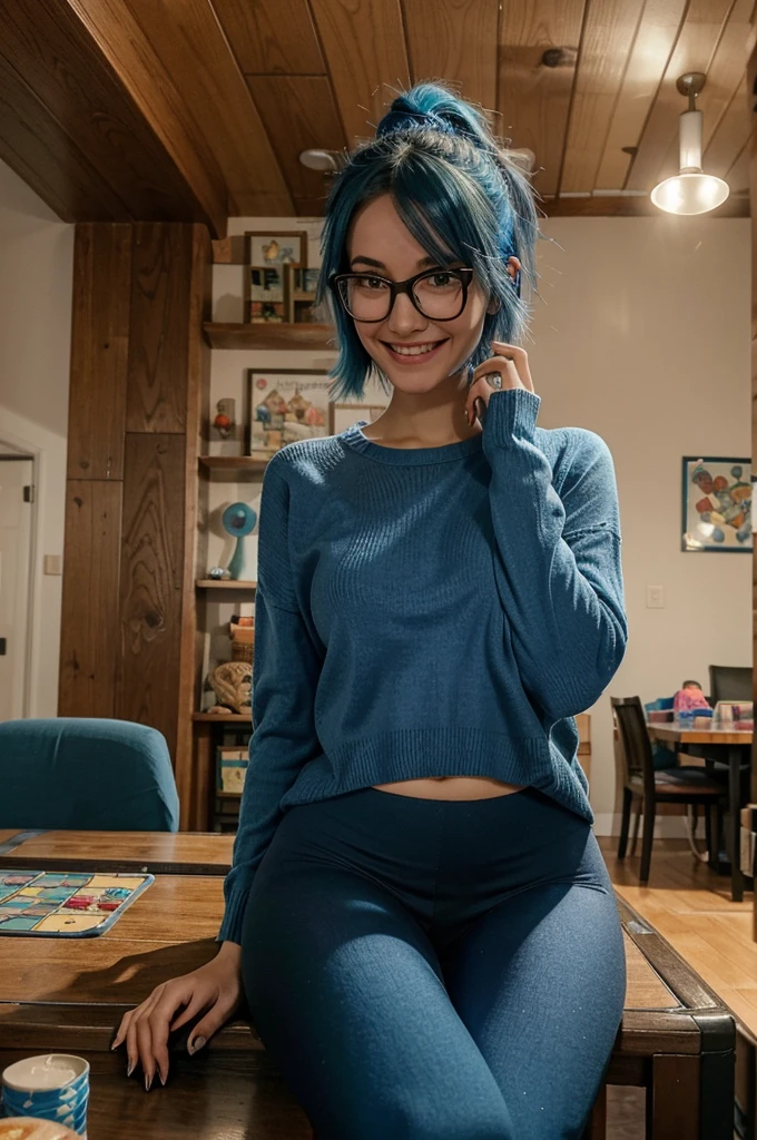 A full-body image of a slim woman with glasses, dyed blue hair, and a joyful expression. She is wearing a comfy sweater and leggings, sitting at a table with friends playing a board game. The background shows a cozy living room with board games and snacks on the table.