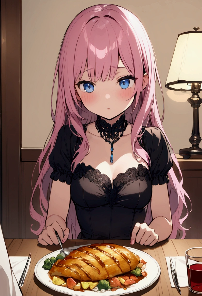 Interrogation、criminal、Katsudon on the table、Stand lamp、Pink haired woman、blue eyes