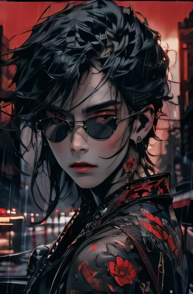 1boy,red background,absurdres,masterpiece,highres,intricately detailed,a Sigma male,sexy,muscular,strutting outdoors,gorgeous eyes,detailed face,pouring rain,outdoors,global illumination,subsurface scattering, drinking cigarette, tattoos around chest and pecs, blood over face, mafia boss, sunglass black ontop of head, city background, button up shirt unbuttoned.