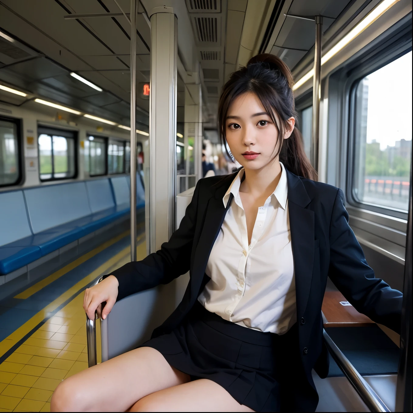 Actual photo、Highest im年 quality、Beautiful woman、Beautiful thighs、Beautiful Face、Uniform Ponytail、Yuriko Yoshitaka、Japanese women、pretty girl、skirt、Beautiful thighs、pumps、Inside the train、Sit in your seat、Front seat、I can see her panties、