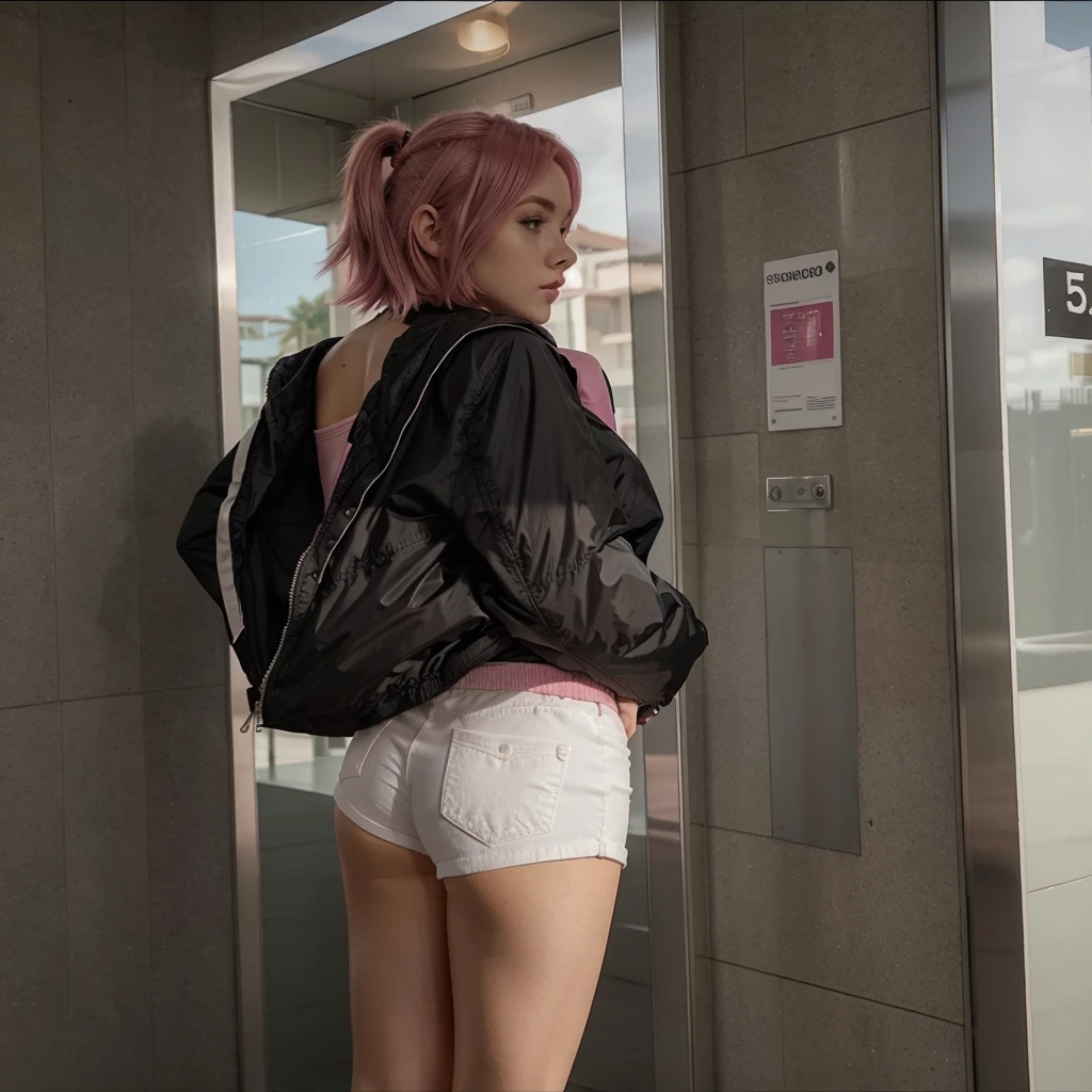 girl, 21 years old, short shoulder-length hair, pink hair color, tight white shorts, jacket
