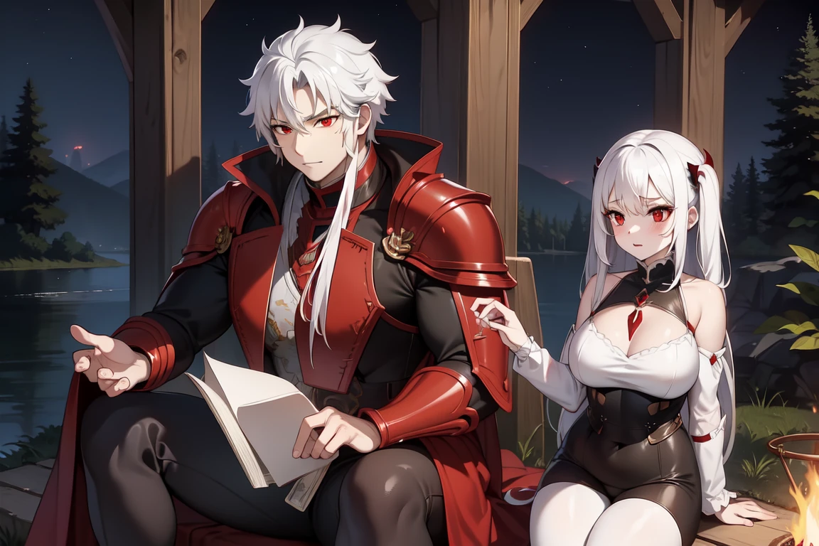 White hairs, red eyes, vampire, wide hips, massive hips, adventurer armor, lake, night, campfire, sitting on ground