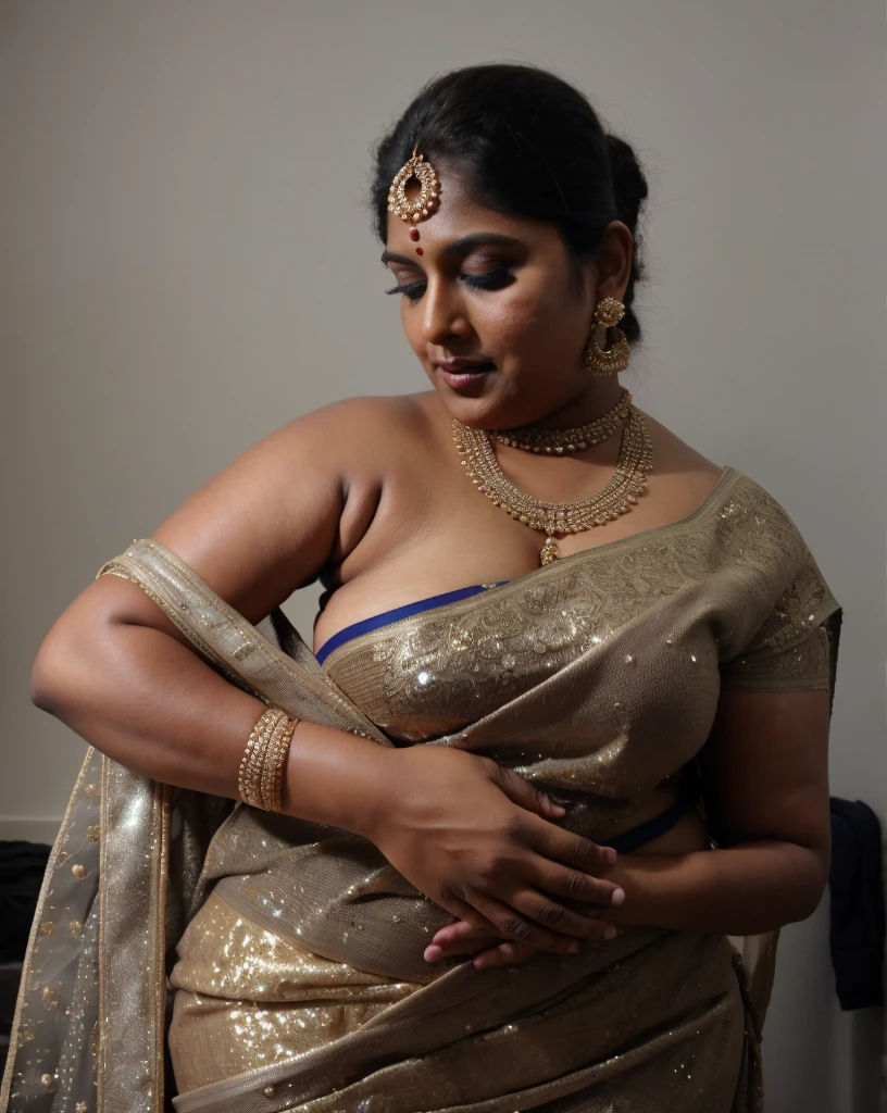 Sexy fat plus size indian bhabhi, sleeveless blouse, desi hot aunty, looks like Anushka Shetty, wearing sleeveless saree blouse, sexy sequin saree, bold saree fashion, bong saree fashion, bold hot photoshoot, sexy sequin saree, she has fleshy arms and fat wide belly, sexy armpits, showing her attractive fleshy figure, high quality skin, skin pores, skin texture, deep juicy navel, sexy navel folds, fleshy figure, jiggly belly, hyper realistic skin, RAW Foto, unsatisfied Indian housewife, sexy indian housewife, mature desi aunty bhabhi Chachi Amma, 