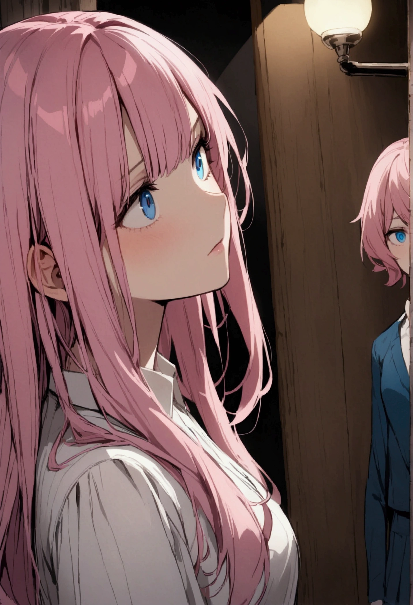 Interrogation、criminal、Stand lamp、Pink haired woman、blue eyes