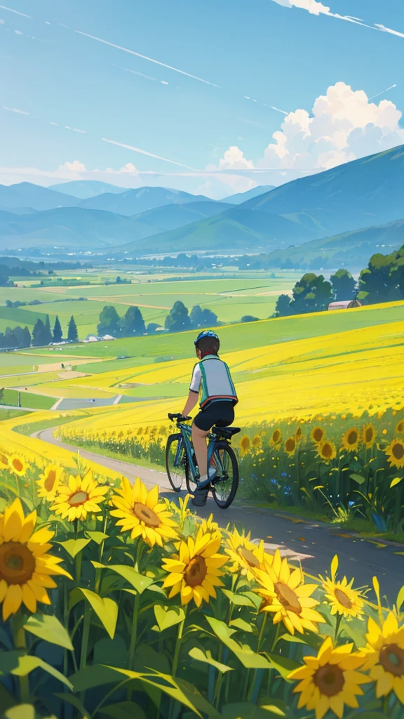 Create an image of two individuals on a sunny day with a clear blue sky, standing in a vibrant green field. One individual is holding a bicycle, and both are surrounded by tall sunflowers. In the background, there are rolling hills leading to mountains in the distance.
