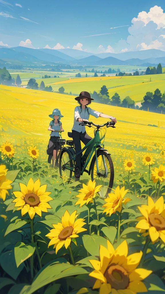 Create an image of two individuals on a sunny day with a clear blue sky, standing in a vibrant green field. One individual is holding a bicycle, and both are surrounded by tall sunflowers. In the background, there are rolling hills leading to mountains in the distance.
