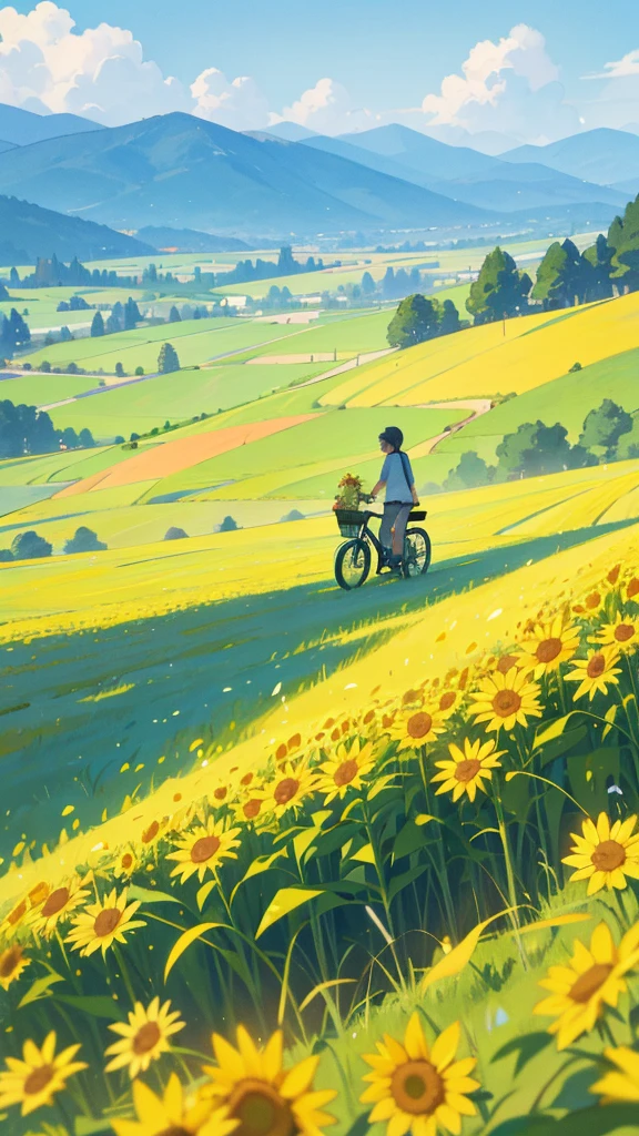 Create an image of two individuals on a sunny day with a clear blue sky, standing in a vibrant green field. One individual is holding a bicycle, and both are surrounded by tall sunflowers. In the background, there are rolling hills leading to mountains in the distance.
