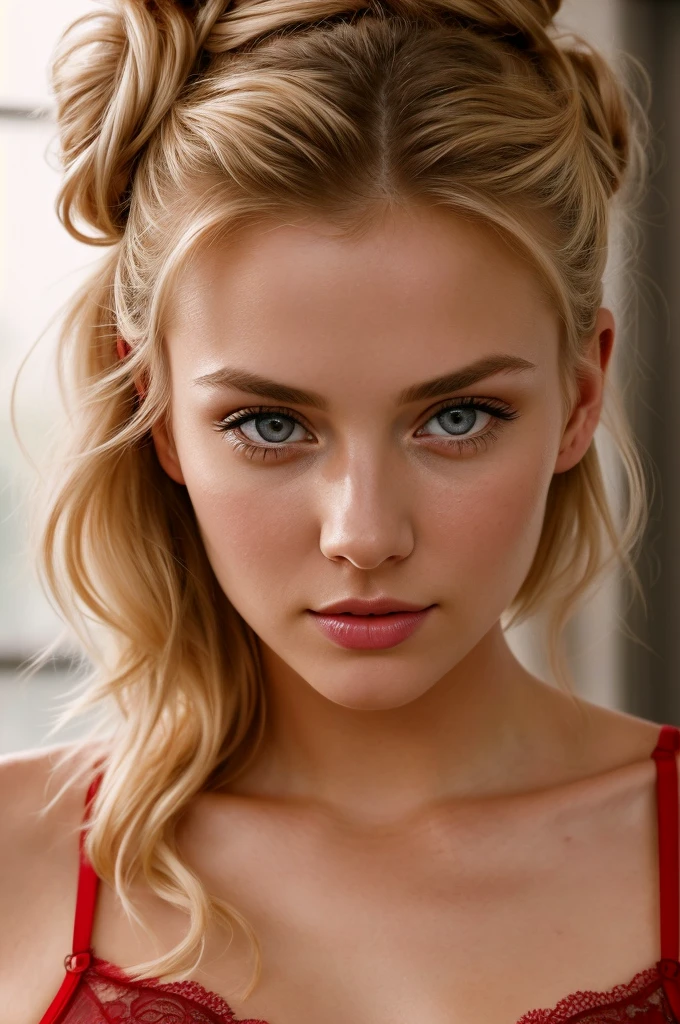 beautiful young blonde woman in red lacy bra, messy bun hairstyle, intense eye contact, bright lighting, clean atmosphere, high contrast, cinematic style, soft toned lighting, dramatic pose, close-up portrait, highly detailed face and eyes, photorealistic, 8k , best quality, masterpiece