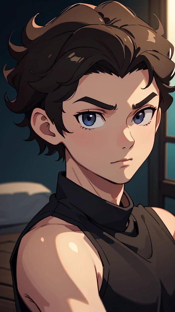 A 19 year-old boy, light brown skin, short curly black hair, dark brown eyes, black tank top, Zenitsu Agatsuma style, looking at camera, (best quality,4k,8k,highres,masterpiece:1.2),ultra-detailed,portrait,cinematic lighting,dramatic shadows,vivid colors,highly detailed facial features,extremely detailed eyes and face,longeyelashes,beautifully lit,perfect composition