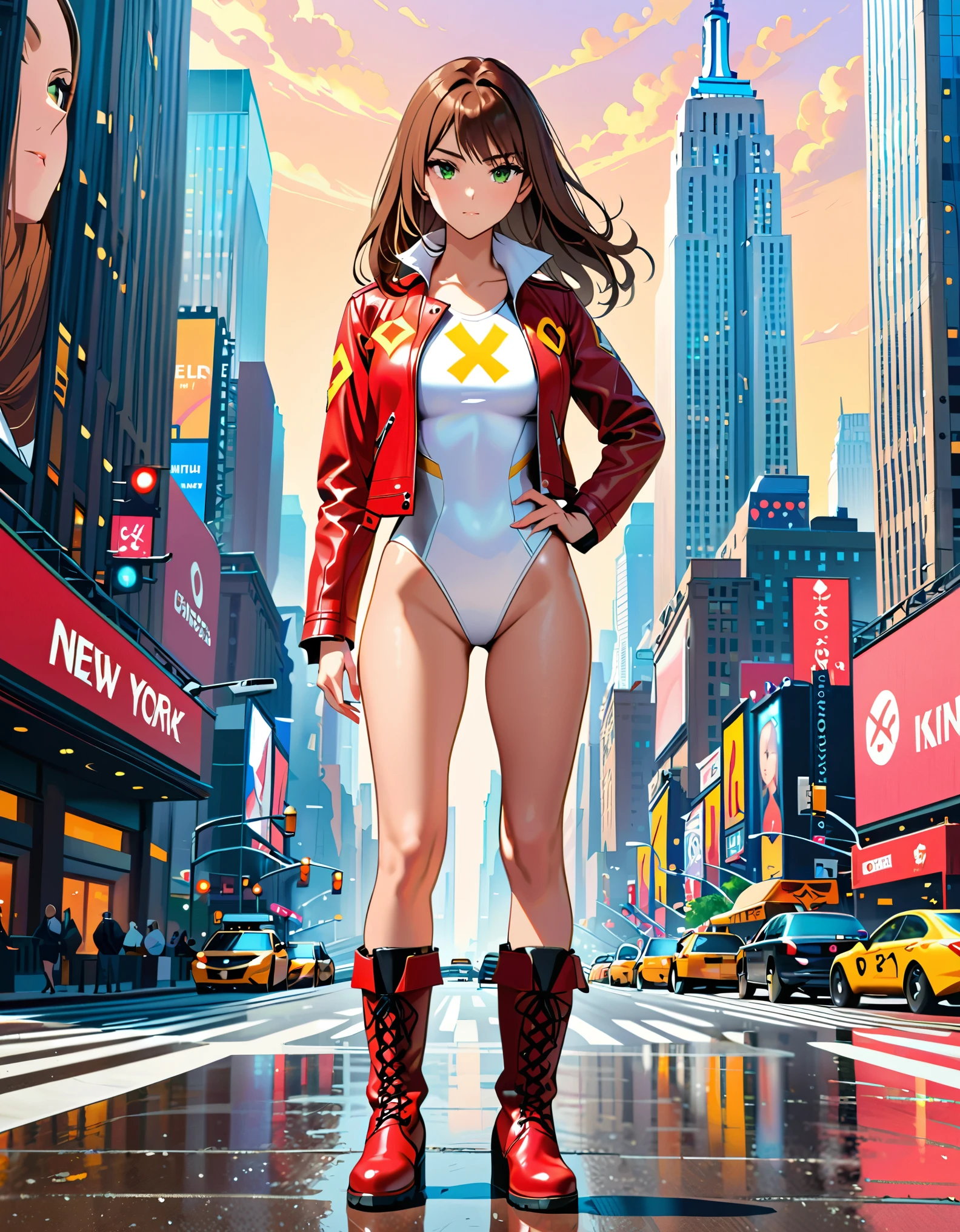 (masterpiece), (best quality), (high res), 1lady, tall body, beautiful detailed eyes, beautiful detailed face, serious, perfect hands, complete fingers, perfect anatomy, perfect proportions, ((brown hair, medium hair, hair down)), ((green eyes)), ((leotard, white leotard, matching leotard)), ((white dress collar, open collar)), ((bare legs)), ((boots, matching boots, ankle-high boots, red boots)), breasts, medium breasts, (full body portrait), looking at viewer, (solo, solo focus), standing, one hand on hip, cowboy shot, new york backdrop, ((yellow V (symbol) on chest)), ((red leather jacket, open jacket)), full body costume design.