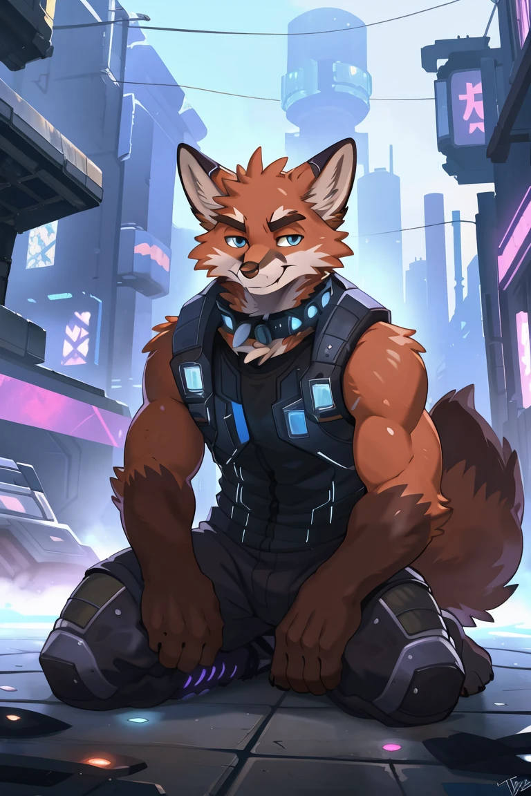 ((Red fox fur:1.5)), solo, Perfect sky blue eyes, Spike Collar, (artist:Takemoto Arashi), Mature face, elder, longeyelashes, Wearing actical functional work colthing|Black pants, ((Thin and tall figure)), ((sit on the ground)), fang out, Smile evilly, (Cyberpunk:1.5), oral invitation, local ruffian, rogue, maliciously, There is a high-tech motorcycle next to the character, Look at the audience, sitting|bending knees, first-person view, from side, atmospheric perspective, super detail, high details, 8k