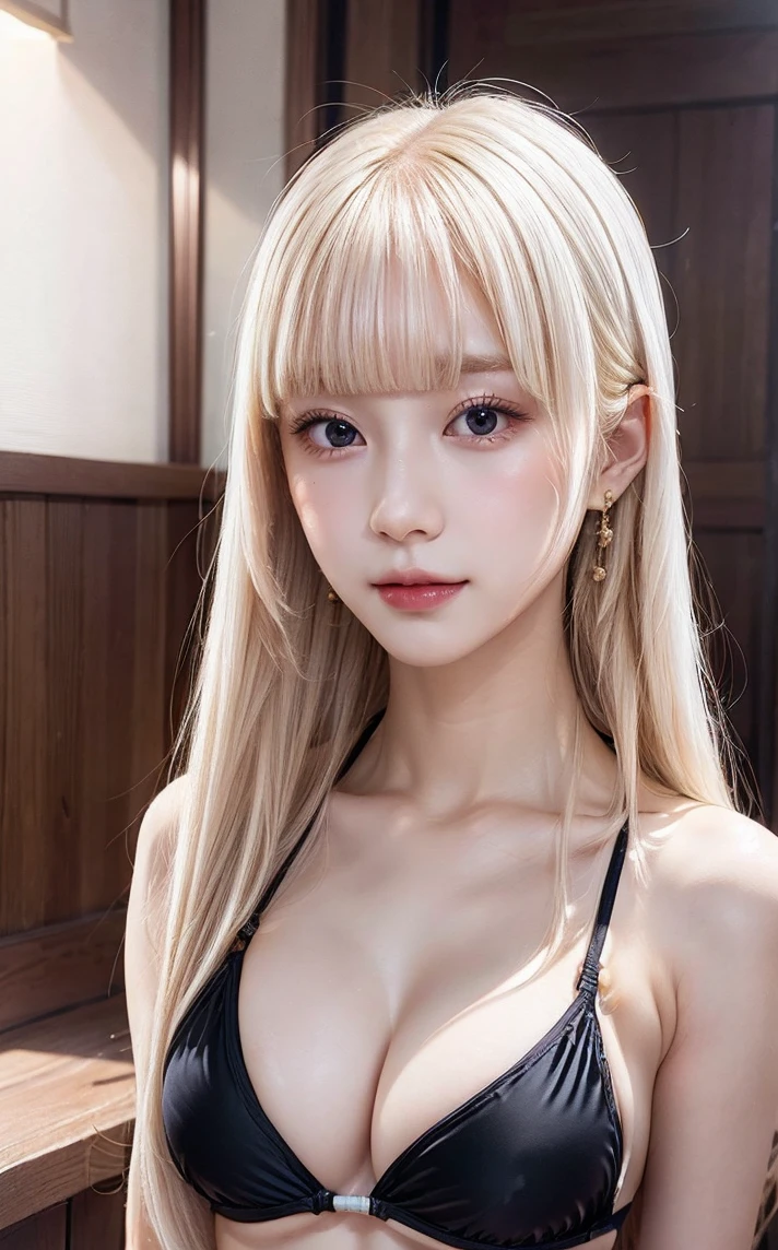 ((masterpiece:1.2、Highest quality、Tmasterpiece))、1 female、alone、classroom、Day、(Korean Idol:1.2)、(Are standing:1.4)、blonde、(Hime Hair:1.4)、Wavy Hair、Medium Hair、Beautiful feet、break、,(Brazilian Bikini:1.5),((Black Bikini:1.4))、(Beautiful white skin:1.4)、(Big Breasts:1.5)、Hoop Earrings、lipstick、Ring Choker、blush、smile、Covered breasts、(Thick lips:1.2)、Detailed body、Very detailed絵画, Luminism、4K resolution、3D Rendering、Exquisitely crafted , Cinematic、Realistic、Hit definition、Abstract Beauty、Approaching perfection, Pure Form, Golden Ratio、Very detailed, Digital photography, Soft natural light, 50mm lens, 1 1 1.8 Vacancies、blush、Small face、(Tight waist),(albino:1.3),(anorexia:1.3),(Sickly:1.2),(Face close-up:1.7)