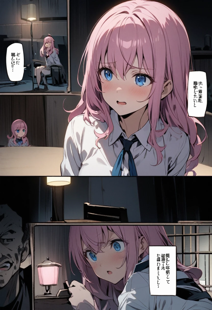 Interrogation、criminal、Stand lamp、Pink haired woman、blue eyes