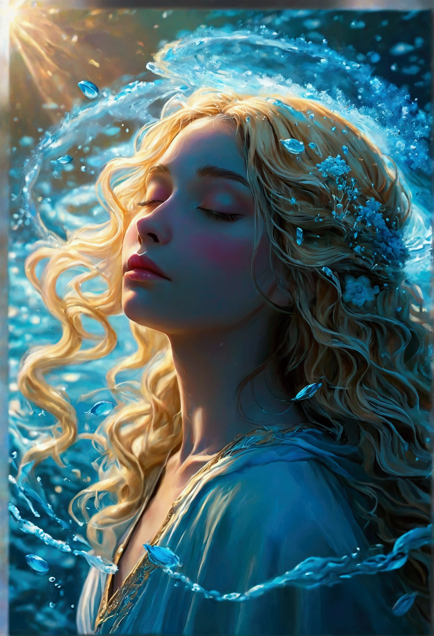 Create a detailed and expressive picture of a goddess with long blonde hair in the foreground. She should be centred in the picture, with her head tilted back slightly, her eyes closed and her expression serene. Her shoulders should be visible, framing her face, while the rest of her body is outside the frame. The background should represent a watery halo around her head, composed of vibrant shades of turquoise and dark blue. This halo should create a serene, flowing effect, blending harmoniously with the goddess's hair to convey movement and lightness. Use soft lighting to highlight the contours of her face and the texture of her hair, creating a subtle contrast with the watery background. Add details such as fish, sea life or marine flora. The artistic style should focus on intricate details and ethereal elements, ensuring a composition that feels divine and evocative of the water element. Keep the tones cool and the textures fine to accurately capture the essence of the water element.