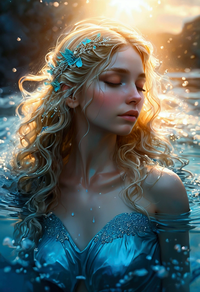 Create a detailed and expressive picture of a goddess with long blonde hair in the foreground. She should be centred in the picture, with her head tilted back slightly, her eyes closed and her expression serene. Her shoulders should be visible, framing her face, while the rest of her body is outside the frame. The background should represent a watery halo around her head, composed of vibrant shades of turquoise and dark blue. This halo should create a serene, flowing effect, blending harmoniously with the goddess's hair to convey movement and lightness. Use soft lighting to highlight the contours of her face and the texture of her hair, creating a subtle contrast with the watery background. Add details such as fish, sea life or marine flora. The artistic style should focus on intricate details and ethereal elements, ensuring a composition that feels divine and evocative of the water element. Keep the tones cool and the textures fine to accurately capture the essence of the water element.