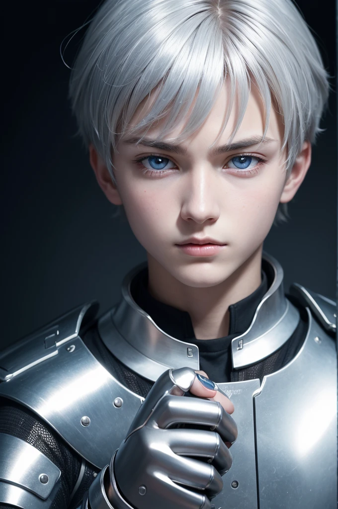 work of art, high resolution, high qualiy, perfect Face, perfect eyes, detailded, 8k, ultra HD, 1 young boy, (perfect_hands:1.2), serious, holding an epée , with silver armor, short fringe hair, silver color, 90s anime style