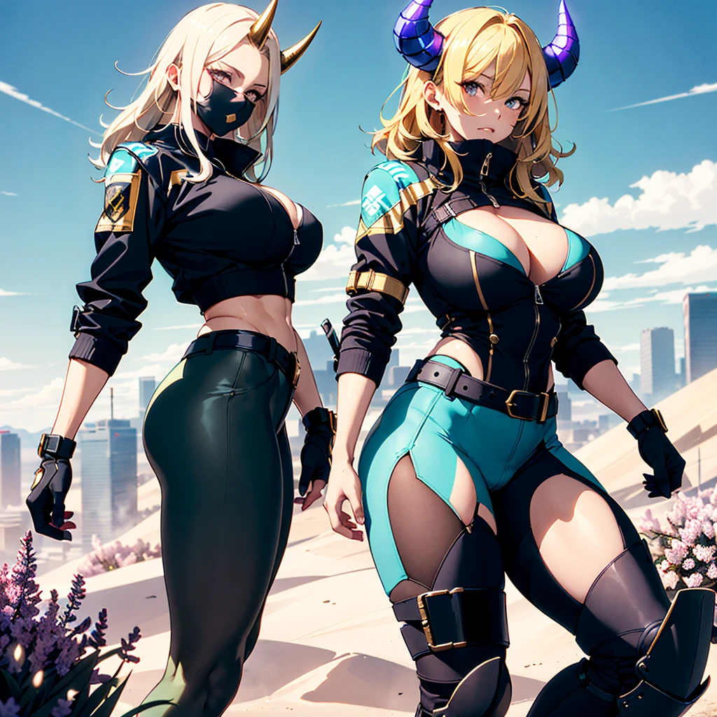((best quality)), ((masterpiece)), (detailed), 1girl, 8k_wallpaper, extremely detailed eyes, extremely detailed body, beautiful face, perfect face, detailed ((blonde hair)), (gold eyes), ((large big red and blue horns)), {{dark skin}}, ({dark skinned female}), gigantic breasts, thick thighs, strong arm and leg muscles, strong abdominal muscles, Monster women, Korean women, wearing a modern short black cloth jacket with rolled up sleeves, (wearing heavy gold colored steel cyberpunk armor), a wide red leather belt with blue steel yarn, steel boots, steel thigh guards, a military radio hangs on her belt, a biker girl, she rides on another planet along a lilac field against the backdrop of a blue desert and high red mountains,