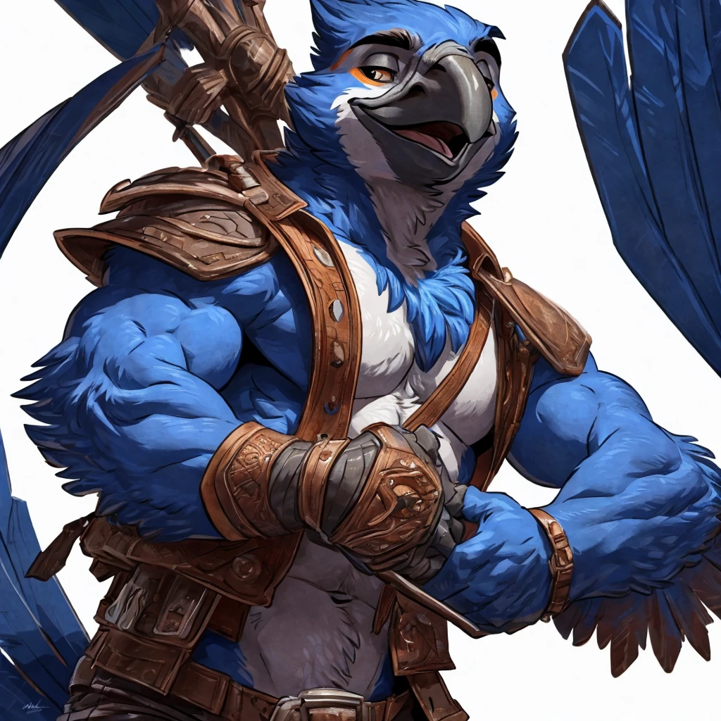 anthro ((male)) macaw, ((macaw)) 4k, high resolution, best quality, posted on e621, solo, anthro body, male, adult, correct anatomy, (white background), (by wfa:1), (by Taran Fiddler:0.5), young, (cel shaded, cartoony shading:1.2), black lineart, black outline, flat coloring, (strong shadows, dark shadows:1.2), dynamic pose, ((face close up)),