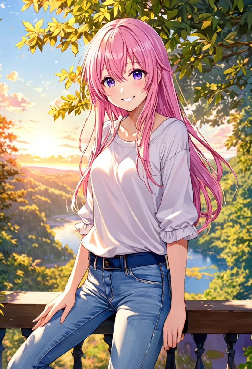 Megurine Luka smile casual clothes jeans pants colored morning peace upper body