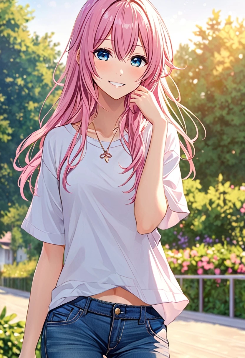 Megurine Luka smile casual clothes jeans pants colored morning peace upper body