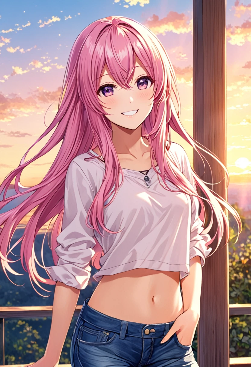 Megurine Luka smile casual clothes jeans pants colored morning peace upper body