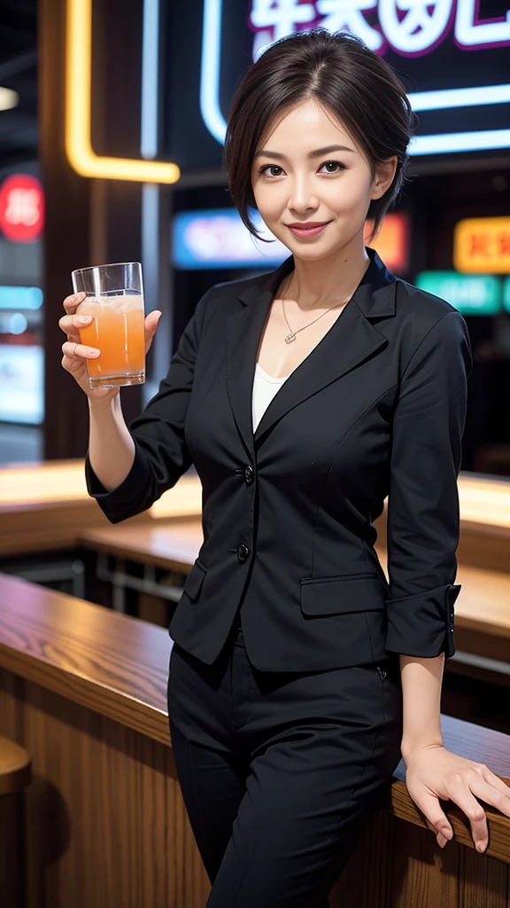 最high quality, 8k, Vibrant, Sharp focus, high quality, High resolution, Middle-aged women, Mature Woman, 55 years old, (Whole Body Ezbian), (High heels face detail, Highly detailed eyes, Slender figure、A beautiful woman with a sharp face wearing a stylish colorful business suit、Enjoying a drink in a neon-lit bar、The scene where she shows off her best smile。シーンは鮮やかでhigh quality、Detailed and meticulously drawn。Beautiful woman&#39;s perfect face highlighted by neon lights、It creates a wonderful contrast。The bar is decorated with colorful neon signs.、There is a lively atmosphere。Colorful business suits are sophisticated and stylish.、It accentuates her elegant appearance。Ultra-realistic 8K resolution throughout、Captures every detail。Her face is full of joy、With beautiful eyes and a perfect smile、It gives the scene a sense of life and charm.。
