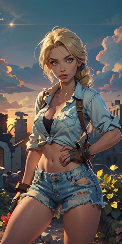 2076 year. The Urban Ruins of the Wasteland, Female huntress in the garden, beautiful face, blonde, torn shirt and denim shorts ,  long legs, sweating through, sun rising, Nice warm colors, head to toe full body shot