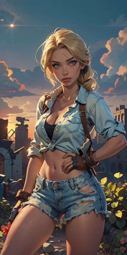 2076 year. The Urban Ruins of the Wasteland, Female huntress in the garden, beautiful face, blonde, torn shirt and denim shorts ,  long legs, sweating through, sun rising, Nice warm colors, head to toe full body shot
