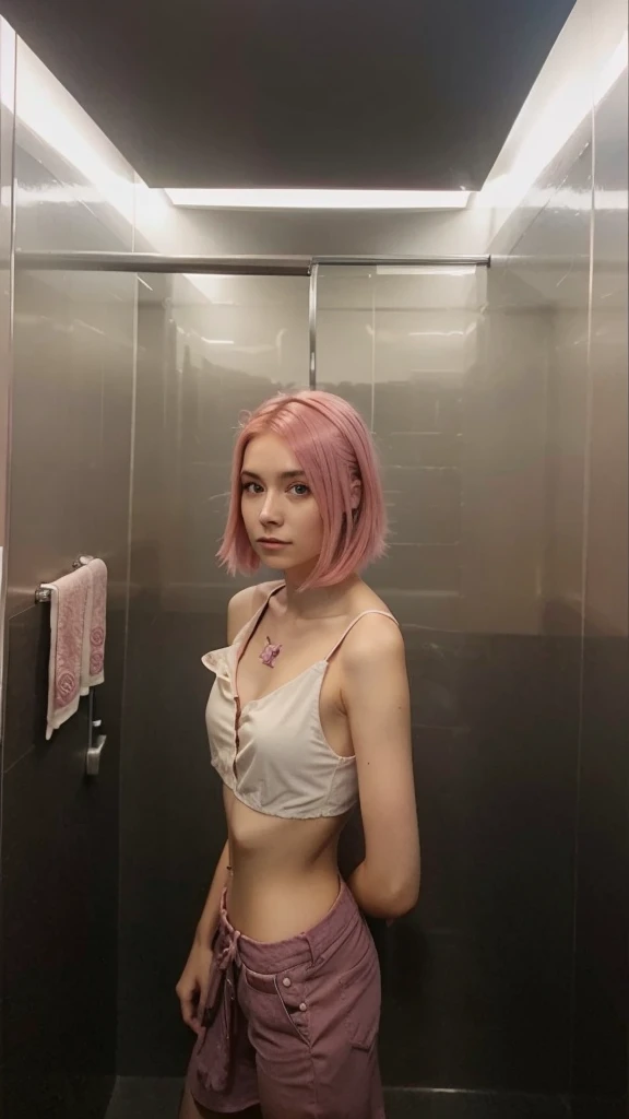 girl, 21 years old, short shoulder-length hair, pink hair color,