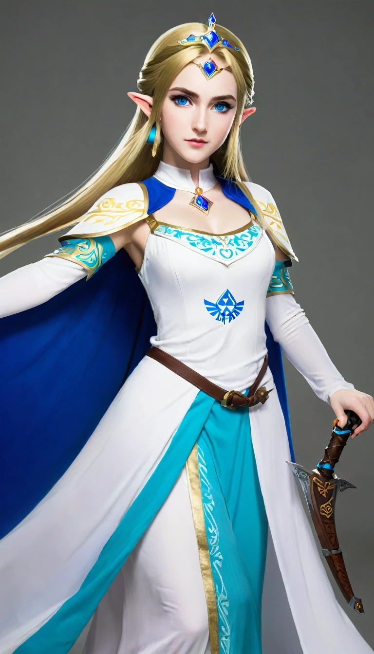 Full body photo of Princess Zelda, White头发, blue eyes, Dress up as《assassin'creed》assassin, White+金色搭配White面具和带有金色细节的兜帽, XL Bust, Use wrist blade. background: renaissance city. Unreal Engine 5, Japanese cartoons, Japanese cartoons style, masterpiece, eyes well drawn, Very well drawn face, Delicate eyes, Facial details are very good, 8K, Light and shadow effects.