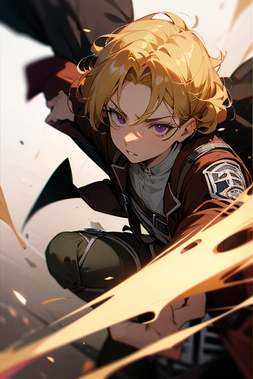 Curly blonde hair man, fighter with purple eyes. Hot. Attack on an uniform. Being held my Levi Ackerman.